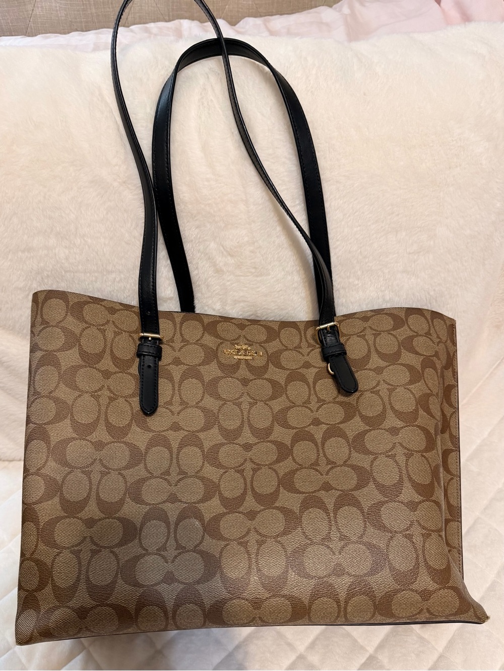 Coach Brown Signature Canvas Tote with Black Leather Straps